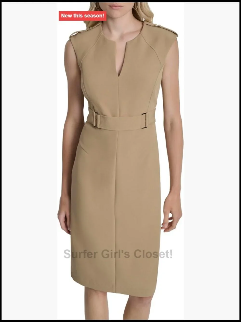 Sleeveless Jewel Neck Square Ring Trim Midi Dress Sheath Knit